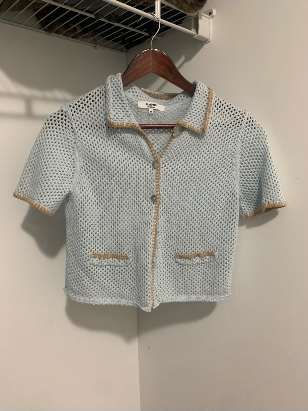 Light Blue Knit Cropped Cardigan with Tan Trim by ILANO